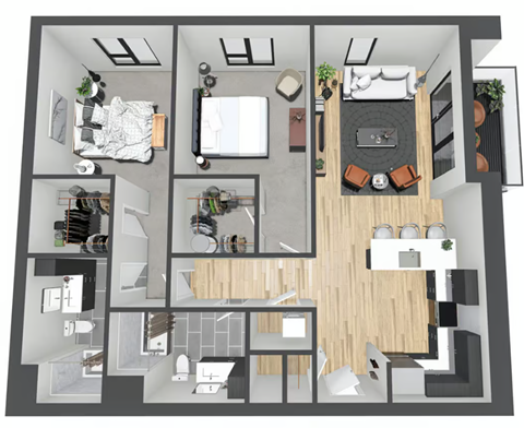 Floor plan for 2 beds, 2 baths, 1281 sqft